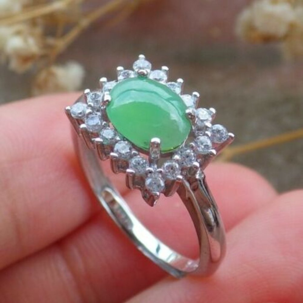 Certified Silver 925 Myanmar Burma JADE Jadeite Cabochon US 6.75 Adjustable Ring